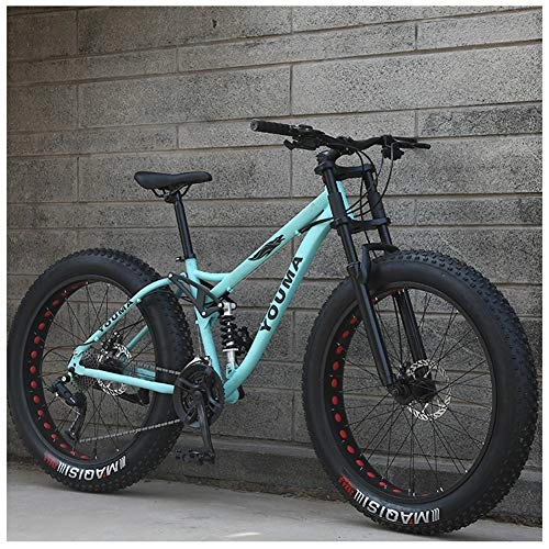 Fat Tyre Bike : QIMENG 26 Inch Mountain Bike Fat Tire Beach Snowmobile Bicycle 21 / 24 / 27 Speed Mens Women Carbon Steel Bicycle Dual Suspension Frame Suitable for Height 165-185Cm, Green, 21 speed