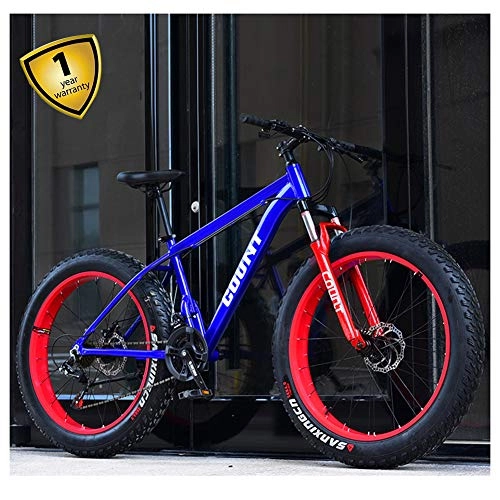 Fat Tyre Bike : QIMENG 26 Inch Mountain Bikes Fat Tire Beach Snowmobile Bicycle 7 / 21 / 24 / 27 Speed All Terrain Hardtail Mountain Bike Front Suspension Mechanical Disc Brakes Suitable Height 165-185CM, blue red, 7 speed