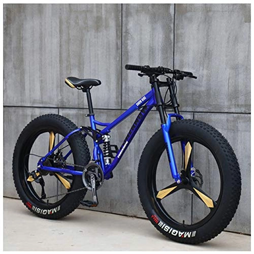 Fat Tyre Bike : QIMENG 26Inch Mountain Bikes, Beach Snowmobile Bicycle Fat Tire, 7 / 21 / 24 / 27Speed Drivetrain, High Carbon Steel Dual Suspension Frame, Suitable for Height 175-195CM, 3Cutter blue, 7 speed