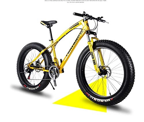 Fat Tyre Bike : Qj Mens' Mountain Bike, 26 Inch Fat Tire Road Bicycle Snow Bike Beach Bike High-Carbon Steel Frame, 21 Speed with Disc Brakes And Suspension Fork, Gold
