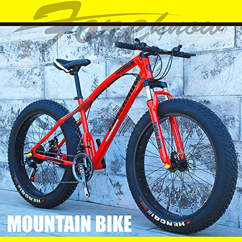 Fat Tyre Bike : Qj Mens' Mountain Bike, 26 inch Fat Tire Road Bicycle Snow Bike Beach Bike High-carbon Steel Frame, 27 speed With Disc Brakes and Suspension Fork, Red
