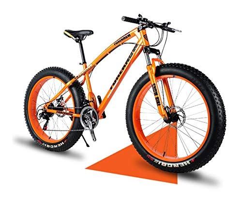 Fat Tyre Bike : Qj Mountain Bike, 26 Inch Fat Tire Road Bicycle Snow Bike Beach Bike High-Carbon Steel Frame, 7 / 21 / 24 / 27 Speed with Disc Brakes And Suspension Fork, Orange, 24Speed