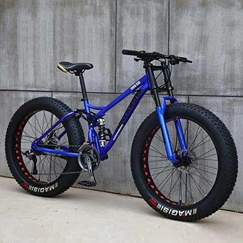 Fat Tyre Bike : QMMD 24-Inch / 26-Inch Mountain Bikes, Adult Dual-Suspension Mountain Bike, 7-21-24-27-Speed High-carbon Steel Mountain Trail Bike, Dual Disc Brake Mountain Bicycle, 24 inches blue, 7 speed