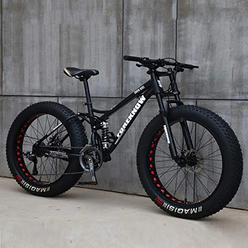 Fat Tyre Bike : QMMD 24-Inch / 26-Inch Mountain Bikes, Adult Dual-Suspension Mountain Bike, 7-21-24-27-Speed High-carbon Steel Mountain Trail Bike, Dual Disc Brake Mountain Bicycle, 26 inches Black, 7 speed