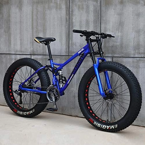 Fat Tyre Bike : QMMD 24-Inch / 26-Inch Mountain Bikes, Adult Dual-Suspension Mountain Bike, 7-21-24-27-Speed High-carbon Steel Mountain Trail Bike, Dual Disc Brake Mountain Bicycle, 26 inches blue, 24 speed