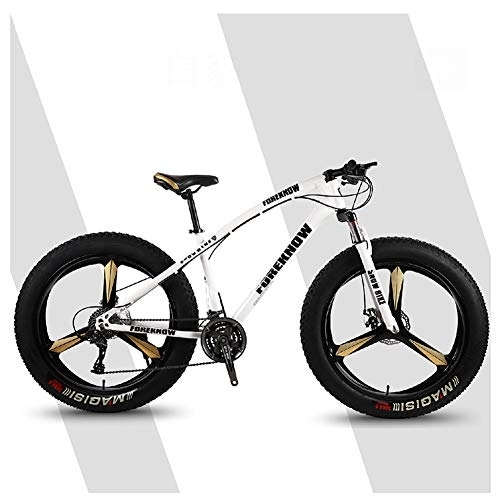 Fat Tyre Bike : QMMD 26-Inch Adult Mountain Bikes, Hardtail Mountain Bike, Fat Tire High-carbon Steel Anti-Slip Bikes, Front Suspension, 7-21-24-27-Speed All Terrain Mountain Bike, White 3 Spokes, 24 speed