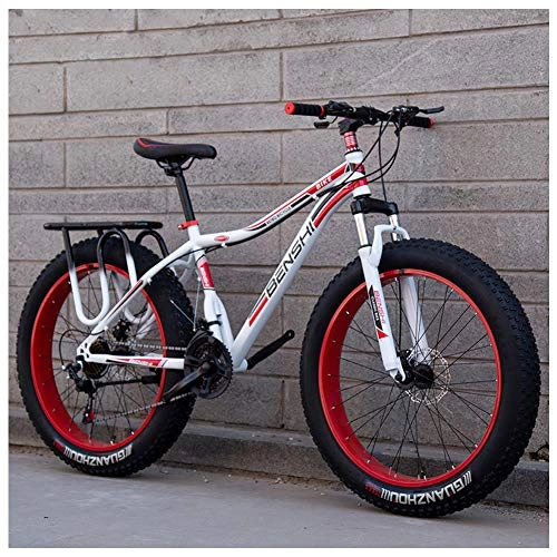 Fat Tyre Bike : QMMD Adult Mountain Bikes, 26-Inch Fat Tire Mountain Trail Bike, 7-21-24-27-Speed Hardtail Mountain Bike, High-carbon Steel, Womens / Mens All Terrain Mountain Bikem, J Spokes, 7 speed