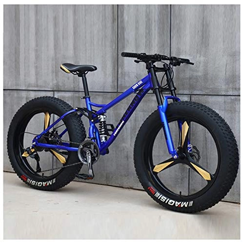 Fat Tyre Bike : QMMD Men's Mountain Bikes, 26-Inch Mountain Trail Bike, High-carbon Steel Dual-Suspension Mountain Bike, Adult All Terrain Mountain Bike, Fat Tire Anti-Slip Bikes, blue 3 Spoke, 7 speed