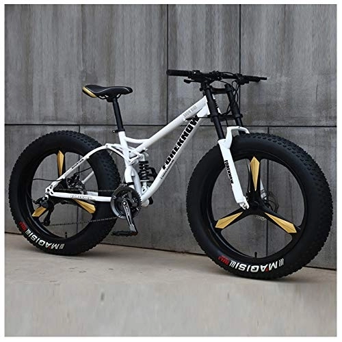 Fat Tyre Bike : QMMD Men's Mountain Bikes, 26-Inch Mountain Trail Bike, High-carbon Steel Dual-Suspension Mountain Bike, Adult All Terrain Mountain Bike, Fat Tire Anti-Slip Bikes, White 3 Spoke, 24 speed