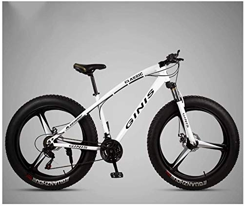 Fat Tyre Bike : QXX 26 Inch Mountain Bicycle, High-carbon Steel Frame Fat Tire Mountain Trail Bike, Men's Womens Hardtail Mountain Bike with Dual Disc Brake (Color : White, Size : 30 Speed 3 Spoke)
