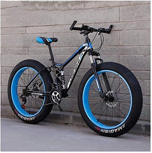 Fat Tyre Bike : QXX Adult Mountain Bikes, Fat Tire Dual Disc Brake Hardtail Mountain Bike, Big Wheels Bicycle, High-carbon Steel Frame (Color : Blue, Size : 24 Inch 24 Speed)