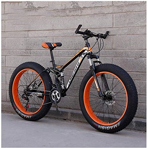 Fat Tyre Bike : QXX Adult Mountain Bikes, Fat Tire Dual Disc Brake Hardtail Mountain Bike, Big Wheels Bicycle, High-carbon Steel Frame (Color : Orange, Size : 24 Inch 27 Speed)
