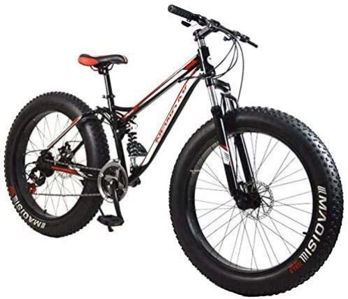 Fat Tyre Bike : QZ 26 Inch Wheels 21Speed Fat Tire Hardtail Mountain Bicycle, Dual Suspension Frame And High Carbon Steel Frame Double Disc Brake (Color : Black red)