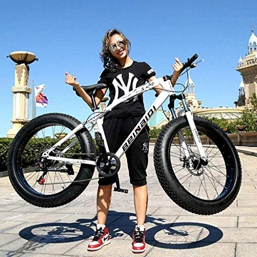Fat Tyre Bike : QZ Fat Tire Hardtail Mountain Bike, High-Tensile Steel Frame Double Disc Brake Bicycle For Adult (Color : F, Size : 26 inch / 27 speed)