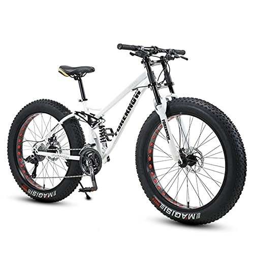 Fat Tyre Bike : RAUGAJ Fat Tire Bike for Men Women, 24-Inch Wheels, 4-Inch Wide Knobby Tires 7 / 21 / 24 / 27 / 30 Speed Beach Snow Mountain Bicycle, Dual-Suspension & Dual Disc Brake / White / 24 Speed