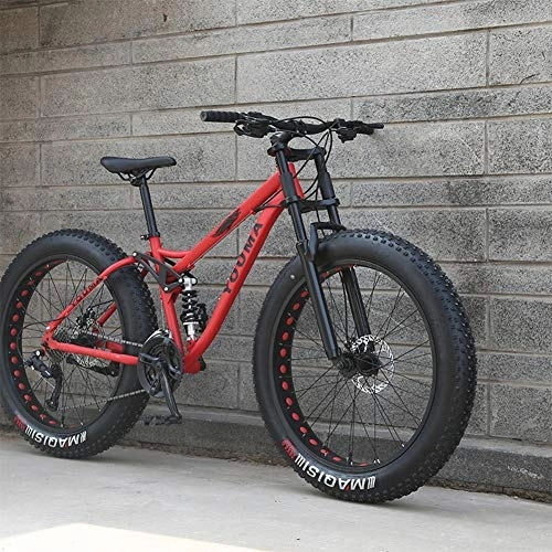 Fat Tyre Bike : RNNTK Mountain Bike, Adult Boy Girl Fat Bike Mountain Off-road Vehicles, Double Disc Brake Bicycle, High Carbon Steel Frame, Anti-slip Bike Red -21 Speed -26 Inches