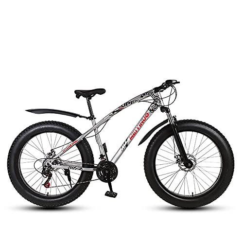 Fat Tyre Bike : Sanhai 27-speed mountain bike tire 26 inches wide light mountain bike suspension fork double disc suitable for snow, Silver, A