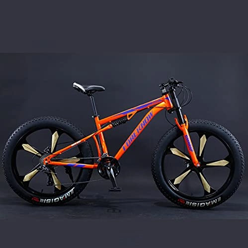 Fat Tyre Bike : SHUI Mountain Bikes, 26‘’Fat Tire Hardtail Mountain Bike, Men's and Women's Universal Dual Suspension Frame and Suspension Fork All Terrain Mountain Bike 5 orange wheels-7SPD