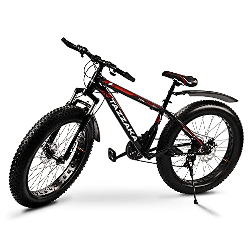 Fat Tyre Bike : Tazzaka 26 * 4.0 Inch Thick Wheel Mountain Bikes, Adult Fat Tire Mountain Trail Bike, 21 Speed Bicycle, High-carbon Steel Frame, Dual Full Suspension Dual Disc Brake Bicycle, Red [UK Stock