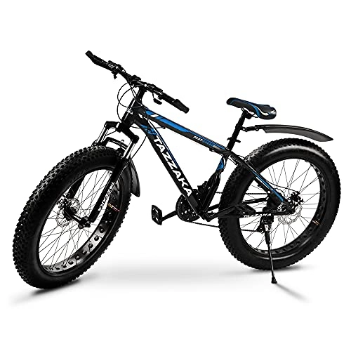 Fat Tyre Bike : Tazzaka 26*4.0 Inch Thick Wheel Mountain Snow Beach Bikes, Adult Fat Tire Mountain Trail Bike, 21 Speed Bicycle, High-carbon Steel Frame, Dual Full Suspension Dual Disc Brake Bicycle, Blue [UK Stock