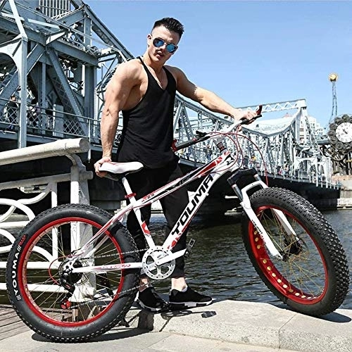 Fat Tyre Bike : TRGCJGH Mountain Bike 20 Inches 4.0 Super Wide Off-Road Beach Variable Speed Mountain Bike High Carbon Steel Frame Double Disc Brake, Red-21speed