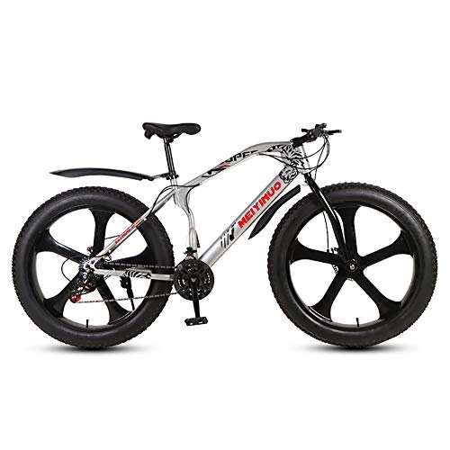 Fat Tyre Bike : TriGold Double Disc Brake Anti Slip Bicycle 5 Spoke Wheels, Snow Bike 26 Inch Speed, Outroad Fat Tire Mountain Bike Men-Silver 21 Speed