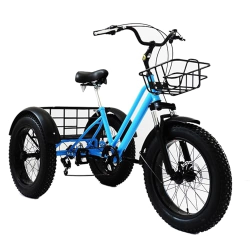 Fat Tyre Bike : UPIKIT Adult Household Pedal Bicycle Fat Tyre Tricycle 7-Speed Adjustable Tricycle with Front And Back Basket Manpower Bike for Women Shopping Carrying Goods, One Size, Blue
