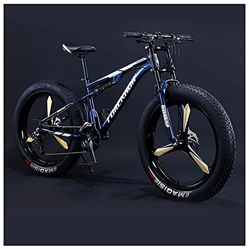 Fat Tyre Bike : USMASK Mountain Bikes, Men 26 inch Adult Fat Tyre Mountain Bike with Full Suspension, High-Carbon Steel Large Frame Dual Disc Brake Giant Bicycle / Blue 3 Spoke / 27 Speed