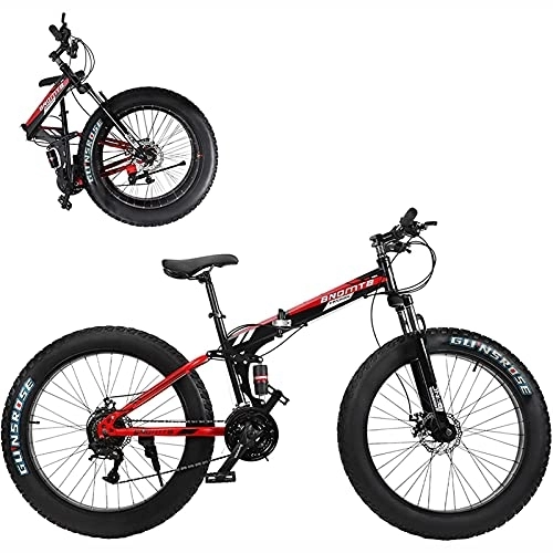Fat Tyre Bike : UYHF 26-Inch Folding Fat Tire Mountain Bike for Beach Snow, 21 Speed Full Suspension Double Disc Brakes High Carbon Steel Frame red-24 Speed