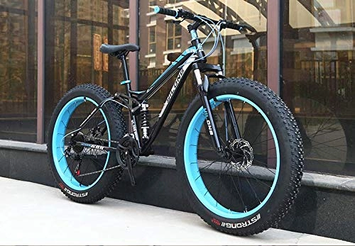 Fat Tyre Bike : W&HH SHOP Dual-Suspension Mountain Bikes with Dual Disc Brake, All Terrain Anti-Slip Fat Tire Mountain Bicycle MTB, High-carbon Steel Mountain Trail Bike, Blue, 24 Inch 21 Speed