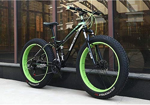 Fat Tyre Bike : W&HH SHOP Dual-Suspension Mountain Bikes with Dual Disc Brake, All Terrain Anti-Slip Fat Tire Mountain Bicycle MTB, High-carbon Steel Mountain Trail Bike, Green, 24 Inch 21 Speed