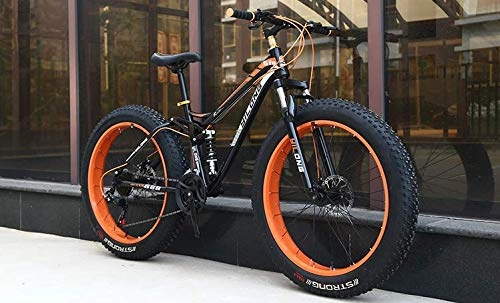 Fat Tyre Bike : W&HH SHOP Dual-Suspension Mountain Bikes with Dual Disc Brake, All Terrain Anti-Slip Fat Tire Mountain Bicycle MTB, High-carbon Steel Mountain Trail Bike, Orange, 24 Inch 21 Speed