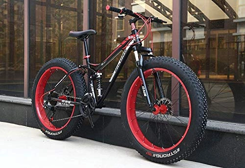 Fat Tyre Bike : W&HH SHOP Dual-Suspension Mountain Bikes with Dual Disc Brake, All Terrain Anti-Slip Fat Tire Mountain Bicycle MTB, High-carbon Steel Mountain Trail Bike, Red, 24 Inch 21 Speed
