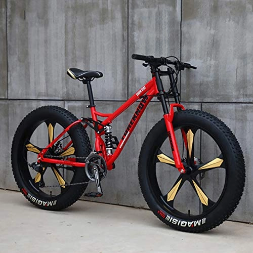 Fat Tyre Bike : WANG-L Mountain Bike, 26 Inch Fat Mountain Bike, High Carbon Steel Frame Bike, Full Suspension Bike, Red-26inch / 27speed