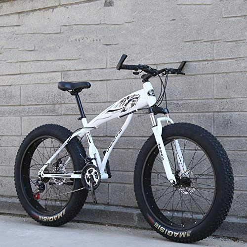 Fat Tyre Bike : WJH 26 Inch Adult Mountain Bikes, Dual Disc Brake Fat Tire Mountain Trail Bike Frame Fat Tire Suspension Mountain Bicycle, High-carbon Steel Frame, White, 27speed 24 inches