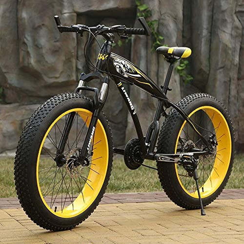 Fat Tyre Bike : WJH 26 Inch Adult Mountain Bikes, Dual Disc Brake Fat Tire Mountain Trail Bike Frame Fat Tire Suspension Mountain Bicycle, High-carbon Steel Frame, Yellow, 27speed 24 inches