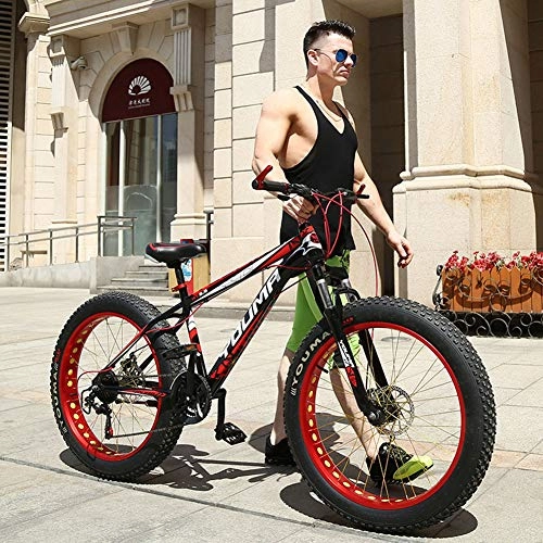 Fat Tyre Bike : WJH 26 Inch Fat Tire Adult Mountain Bike Double Disc Brake / High-Carbon Steel Frame Cruiser Bikes, Beach Snowmobile Bicycle derailleur system, Red, 21 speed 26 inches