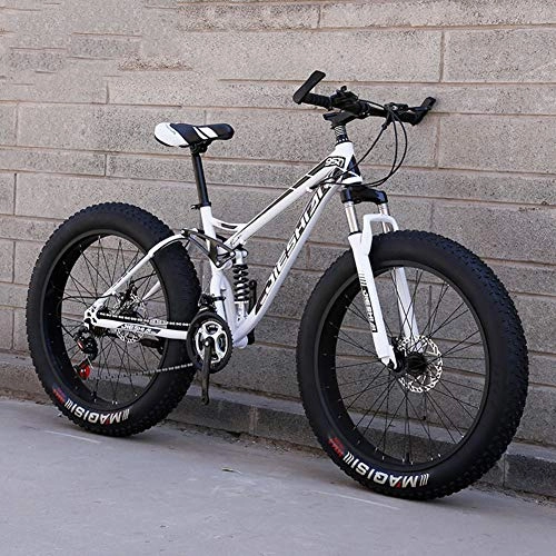 Fat Tyre Bike : WJH 26 Inch Fat Tire Adult Mountain Bike, Double Disc Brake / High-Carbon Steel Frame Cruiser Bikes, Beach Snowmobile Bicycle Double shock, White, 21speed 24 inches