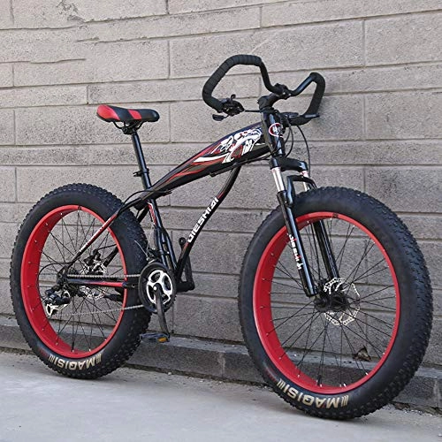 Fat Tyre Bike : WJH Adult Mountain Bikes, Frame Fat Tire Dual-Suspension Mountain Bicycle, High-carbon Steel Frame, All Terrain Mountain Bike, 26" Red, 27 Speed, Red, 21speed 26 inches
