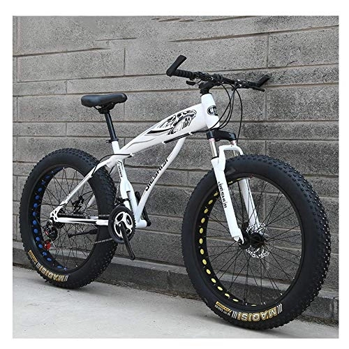 Fat Tyre Bike : WJSW Adult Mountain Bikes, Boys Girls Fat Tire Mountain Trail Bike, Dual Disc Brake Hardtail Mountain Bike, High-carbon Steel Frame, Bicycle, White C, 24 Inch 27 Speed