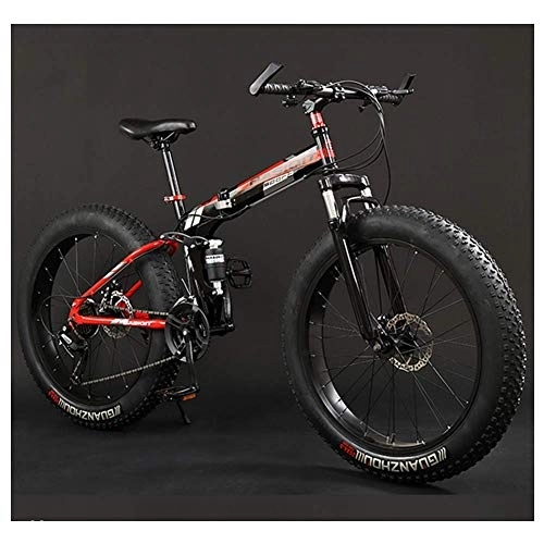 Fat Tyre Bike : WJSW Adult Mountain Bikes, Foldable Frame Fat Tire Dual-Suspension Mountain Bicycle, High-carbon Steel Frame, All Terrain Mountain Bike, 26" Red, 21 Speed