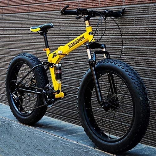Fat Tyre Bike : WJSW Fat Tire Mens Mountain Bike, Double Disc Brake / High-Carbon Steel Frame Bikes, 7 Speed Beach Snowmobile Bicycle, Aluminum Alloy Wheels, Yellow, 24 inches