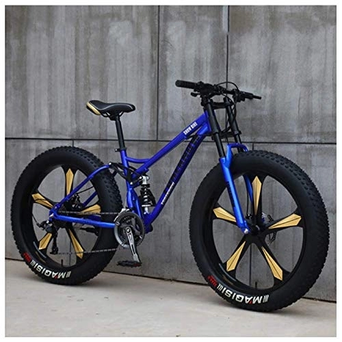 Fat Tyre Bike : WJSW Mountain Bikes, 26 Inch Fat Tire Hardtail Mountain Bike, Dual Suspension Frame and Suspension Fork All Terrain Mountain Bike, 21 Speed, Blue 5 Spoke