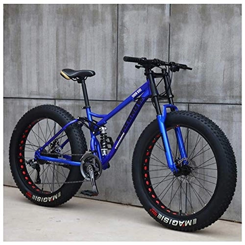 Fat Tyre Bike : WJSW Mountain Bikes, 26 Inch Fat Tire Hardtail Mountain Bike, Dual Suspension Frame and Suspension Fork All Terrain Mountain Bike, 24 Speed, Blue Spoke