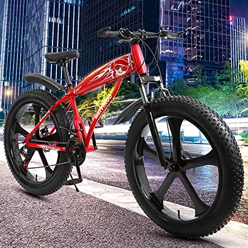 Fat Tyre Bike : WLWLEO Fat Tire Mountain Bike 26 Inch Wheels, 4-Inch Wide Tires, 21 / 24 / 27 Speed, Front and Rear Brakes, Carbon Steel Frame, Suspension Fork, Snow Anti-Slip Bicycle, Red, 24 speed