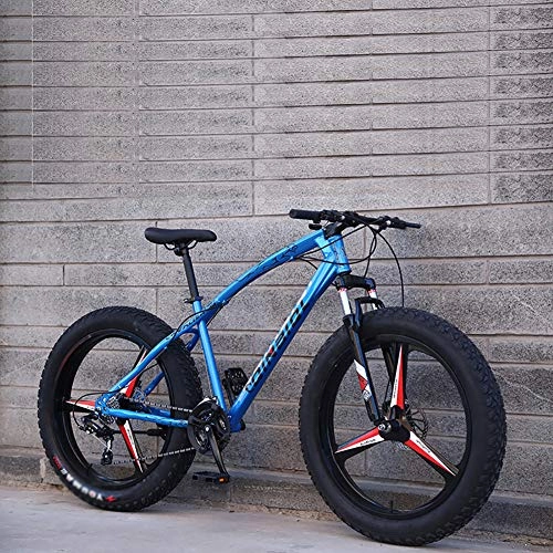 Fat Tyre Bike : WSZGR Adult Boys Girls Fat Tire Trail Mountain Bike, 24 Inch Mountain Bikes, Dual Disc Brake Bicycle With Front Suspension Adjustable Seat Blue 3 Spoke 24", 27-speed