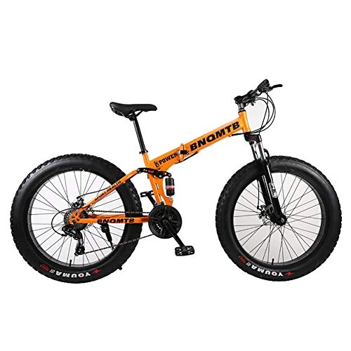 Fat Tyre Bike : WZJDY 24in Fat Tires Snowmobile, Folding Mountain Bike Bicycle with Fork Rear Suspension and Double Disc Brake, Orange, 24 Speed