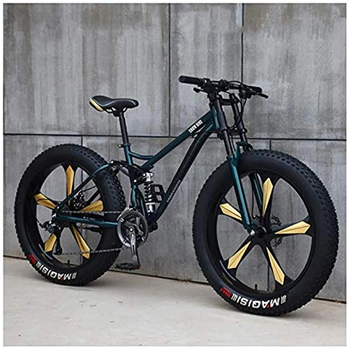 Fat Tyre Bike : XHJZ 26 Inch Fat Tire Mountain Bike, Dual Suspension Frame and Suspension Fork All Terrain Mountain Bike 21 / 24 / 27-Speed, Lightweight and Durable, Green, 21 speed