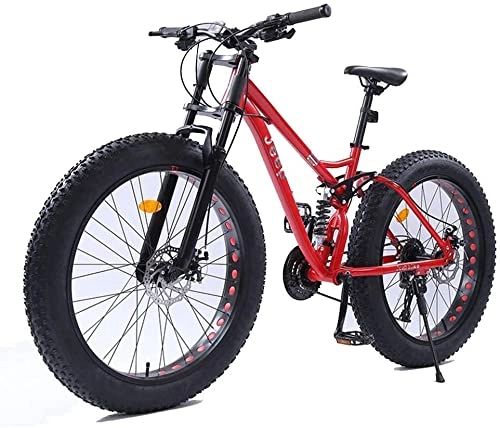 Fat Tyre Bike : XinQing 26 Inch Mountain Bikes, Dual Disc Brake Fat Tire Mountain Trail Bike, Adjustable Seat Bicycle, High-Carbon Steel Frame, Red, 27 Speed