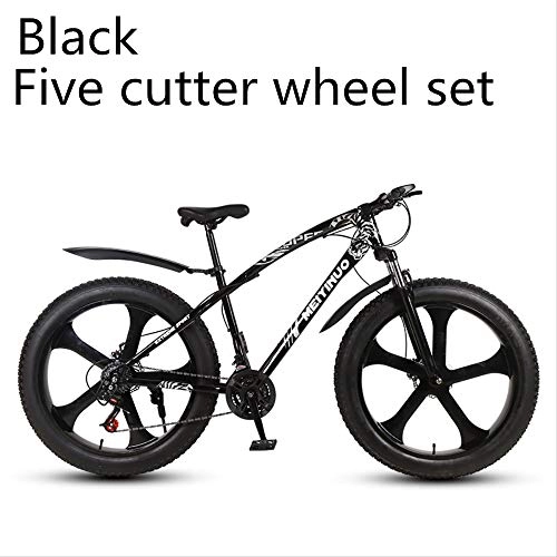 Fat Tyre Bike : xmb Black five-cutter wheel set Adult off-road bicycles, men and women mountain bikes with full suspension, fat tires high carbon steel suspension youth men and women mountain bikes (24-speed)